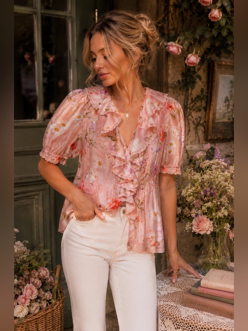 Lucky & Coco Romantic Floral Ruffle Blouse Cottagecore Coquette Pink Top S - Picture 3 of 5